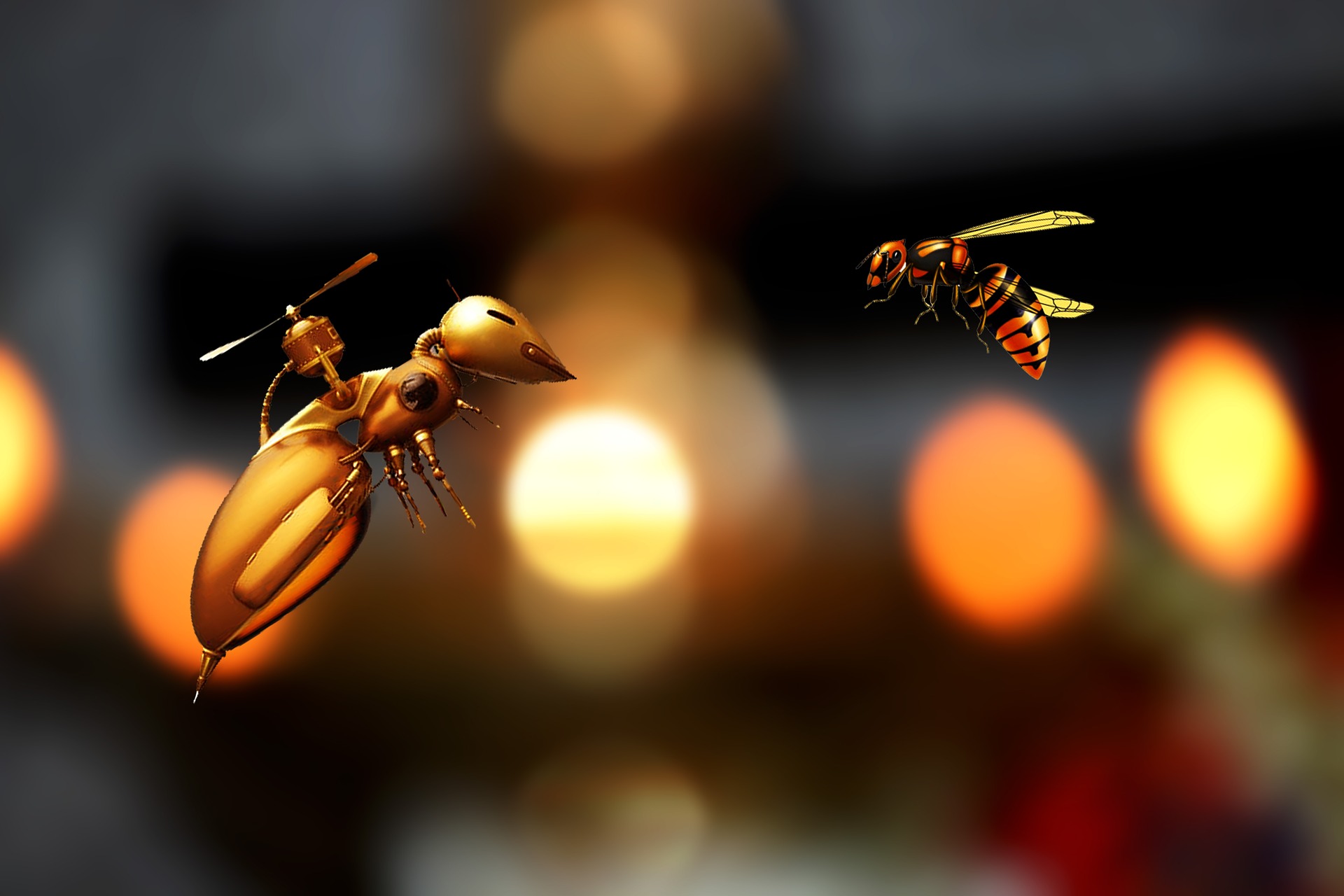 Science fiction: Begegnung einer Biene und einer Roboterbiene während des Fluges in der Luft © marian-anbu-jawan | Pixabay